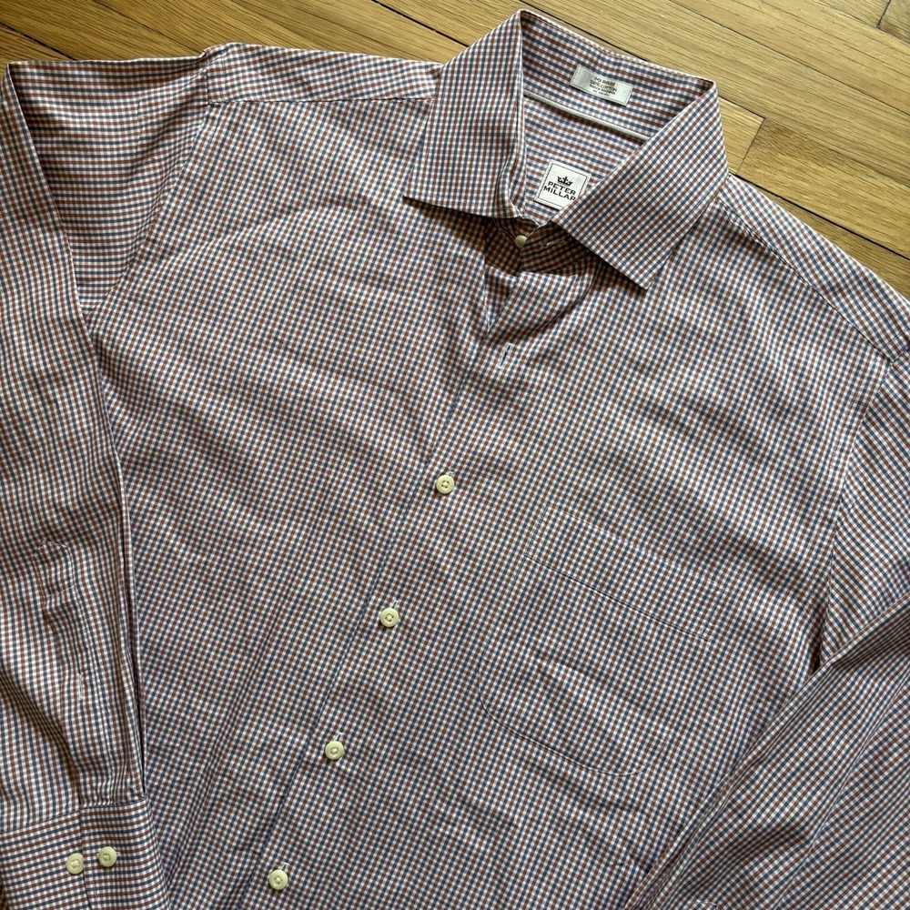 Peter Millar Long Sleeve Dress Shirt‎ Men's Medium Plaid 100% Cotton Blue Cream